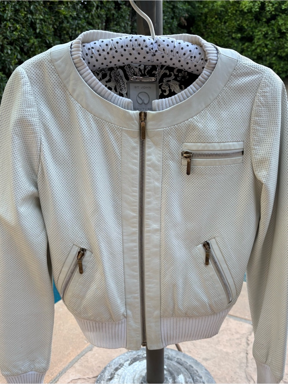 St. John Couture, Lambskin Perforated Leather Bomber, Silk Lining, White, Size 2
